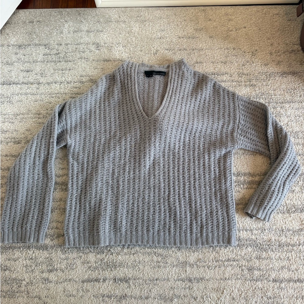 360 Cashmere Light Gray ribbed V-Neck hooded Sweater